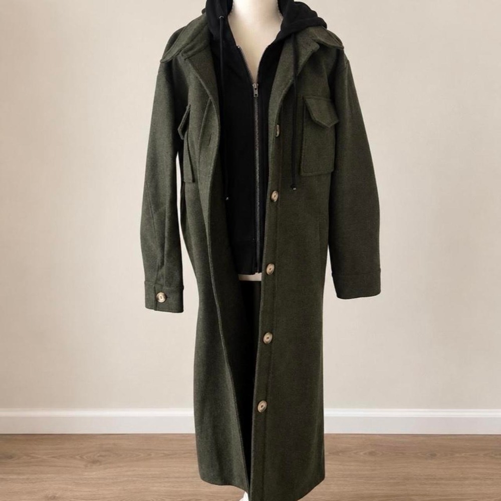 Olive green trench coat with hood and button-up front Size Small